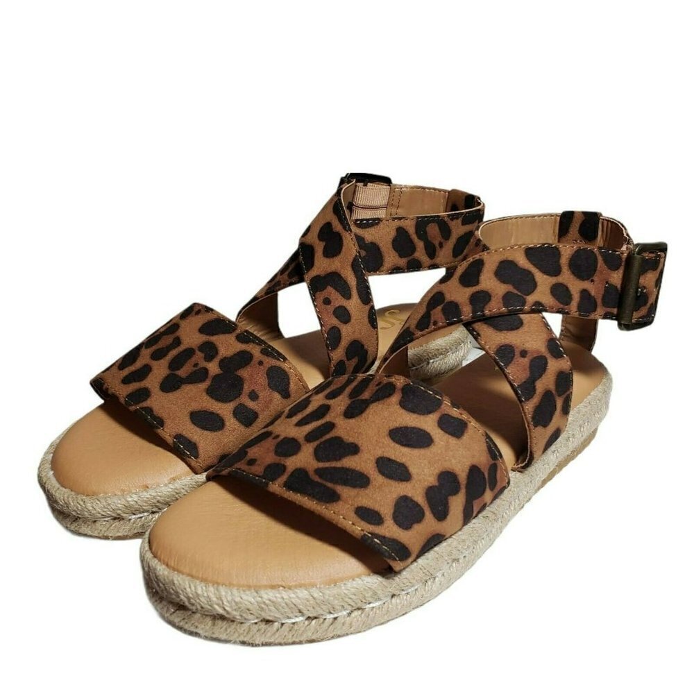 Journee Womens Trinity Leopard Open Toe Buckle Espadrille Flat Sandals Size 7